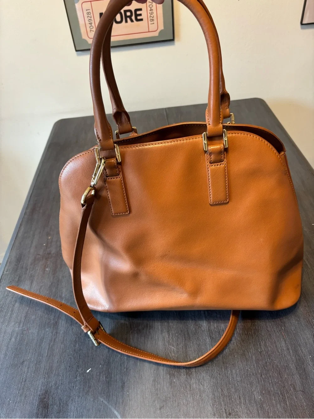 Tory Burch Cognac Leather Dome Satchel with Gold Hardware